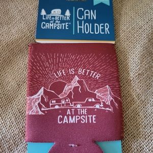 Camco maroon and white campsite theme koozie